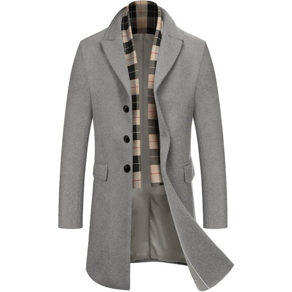 Other - Men's Wool Blend Coat Detachable Plaid Scarf Notched Collar Pea Coat Light Grey